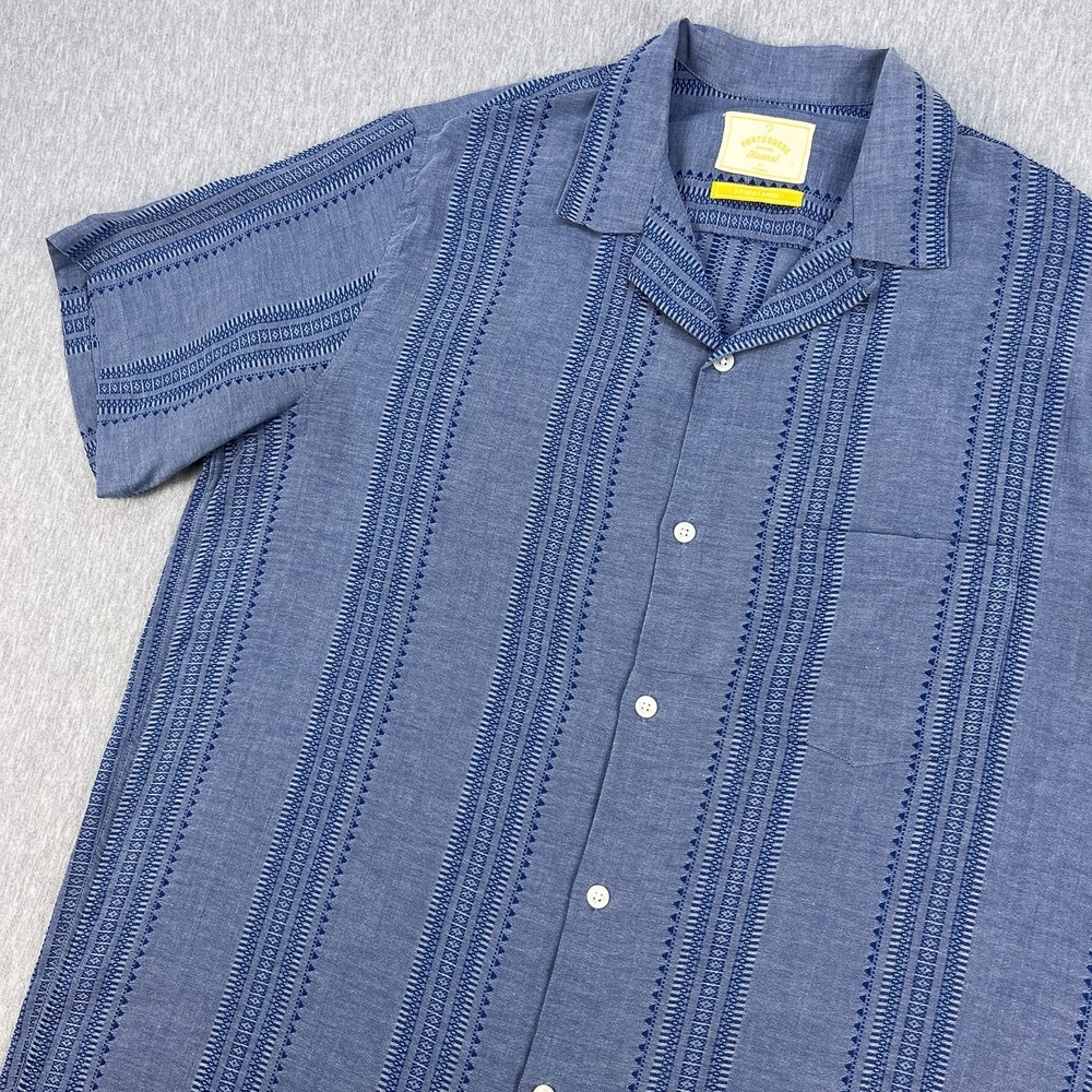 Portuguese Flannel Pacific Camp Shirt Mens XL Indigo Blue Loop Collar Striped